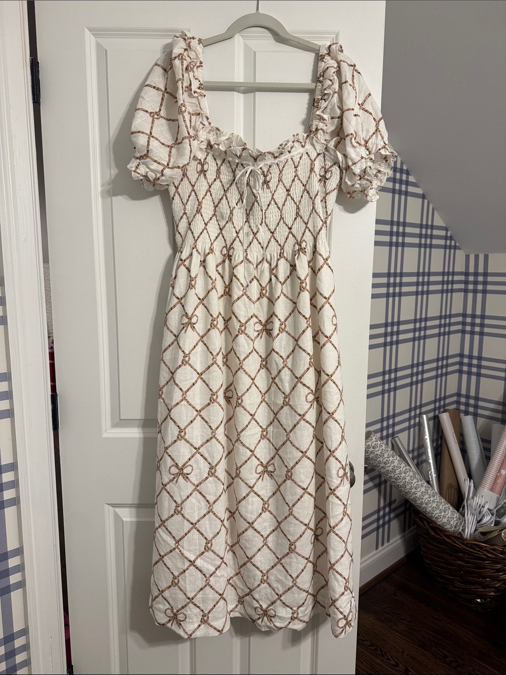hill house home Smocked White Midi Dress with Brown rope Detail